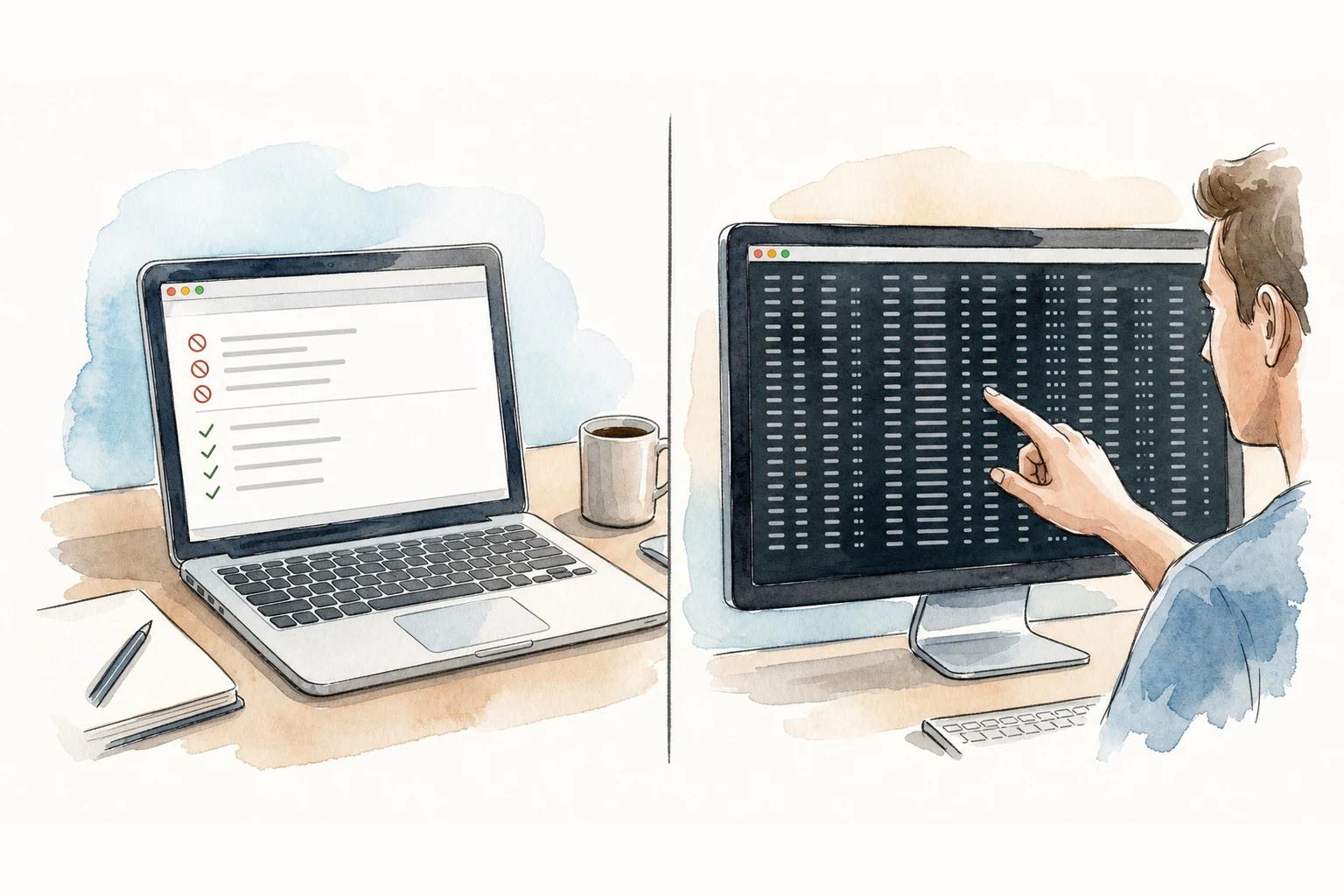 An editorial split-screen scene of a developer comparing a robots.txt file with a terminal access-log entry, emphasizing declared policy versus observed request; no text.