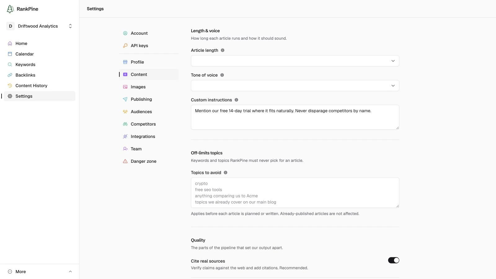 The Driftwood Analytics content settings, showing article length, tone of voice, custom instructions, off-limits topics, and quality controls