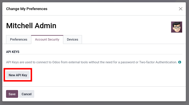 Odoo Account Security showing the New API Key action