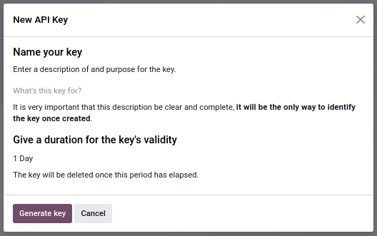 Odoo API-key creation dialog with description and expiry controls
