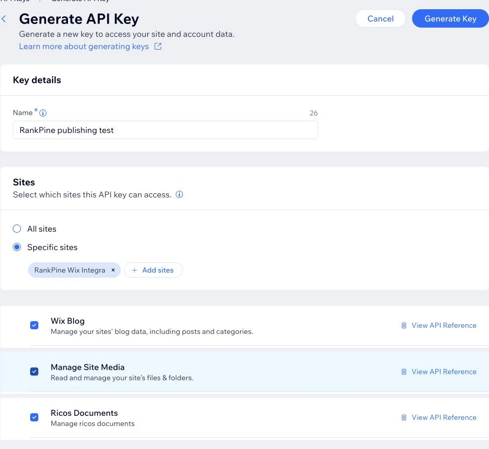 A site-scoped Wix API key with the Wix Blog, Manage Site Media, and Ricos Documents permissions selected